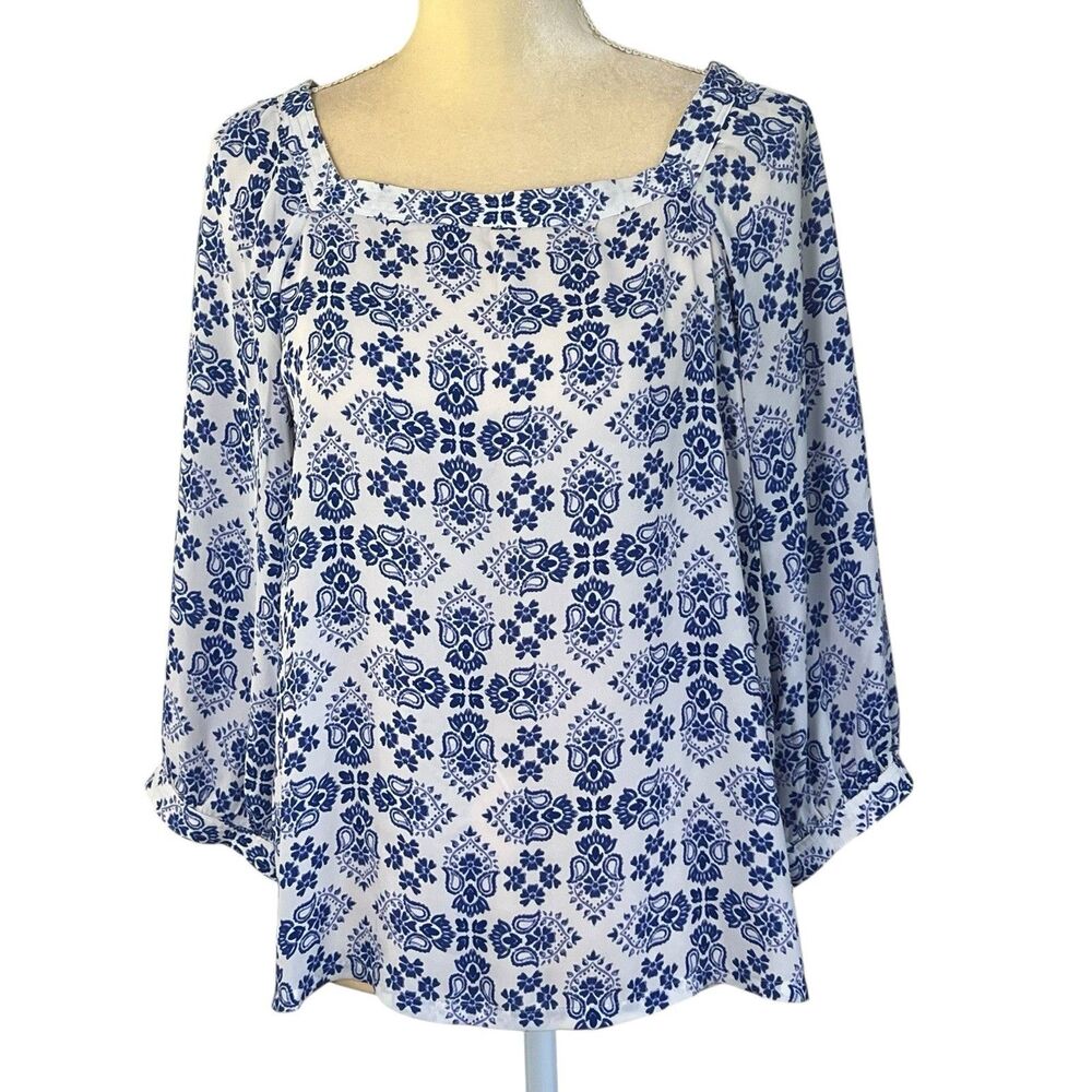 Loft Women’s Blouse Square Neck Small Blue White Floral Semi sheer - Picture 6 of 13